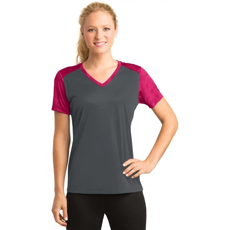 Sport-Tek LST371 Ladies CamoHex Colorblock V-Neck Tee – Iron Gray Pink Raspberry