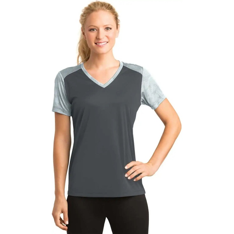 Sport-Tek LST371 Ladies CamoHex Colorblock V-Neck Tee – Iron Gray White