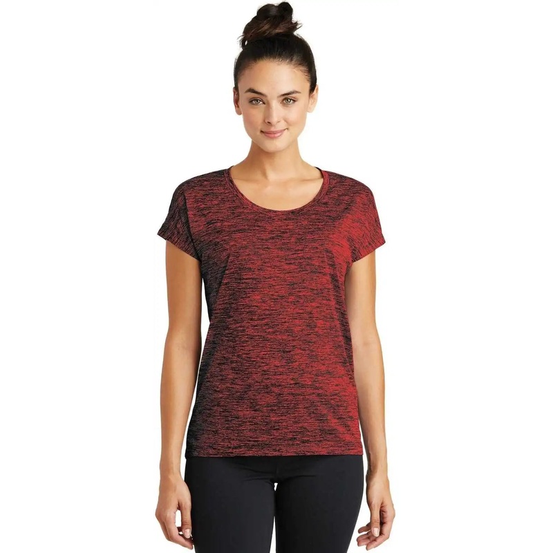 Sport-Tek LST390 Ladies PosiCharge Electric Heather Sporty Tee – Deep Red-Black Electric