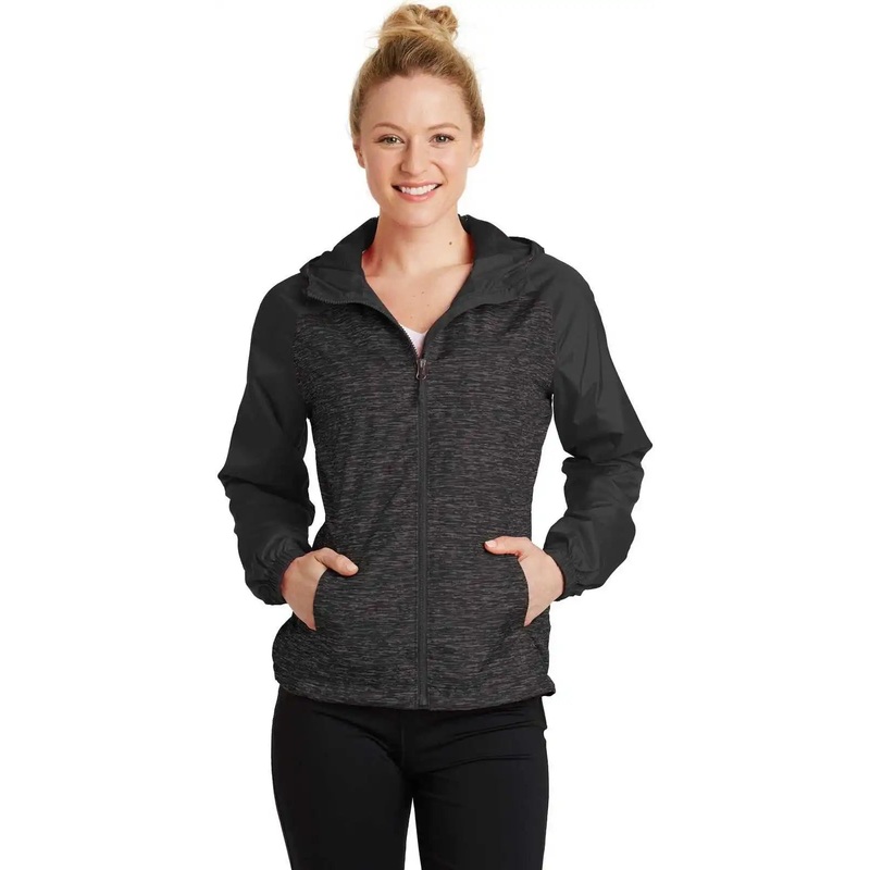 Sport-Tek LST40 Ladies Heather Colorblock Raglan Hooded Wind Jacket – Black Heather Black
