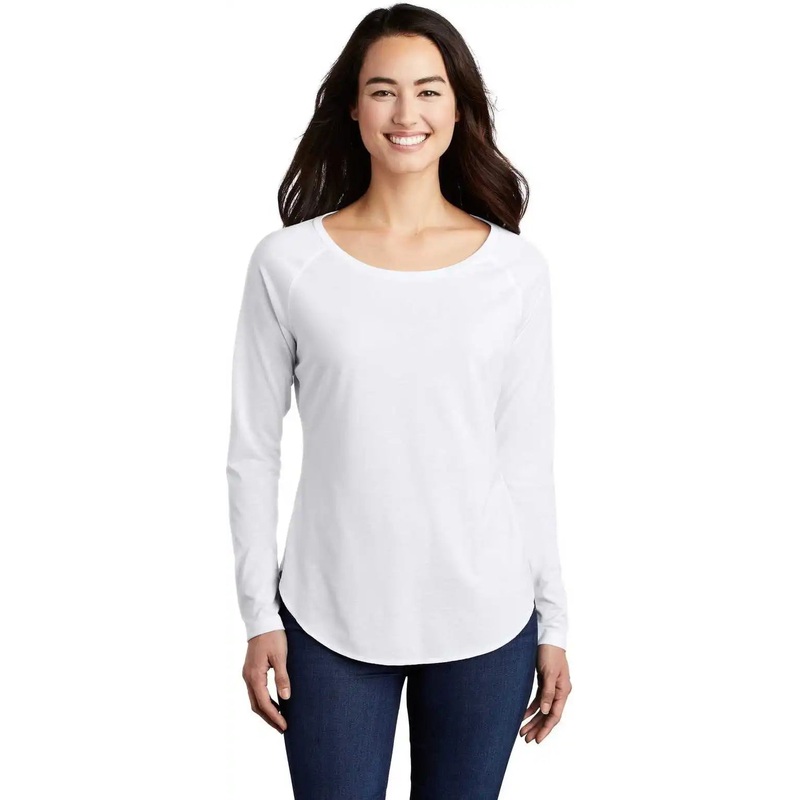 Sport-Tek LST400LS Ladies PosiCharge Long Sleeve Tri-Blend Wicking Scoop Neck Raglan Tee – White Triad Solid