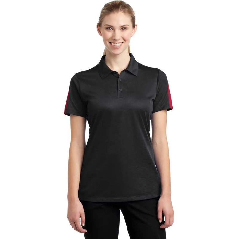 Sport-Tek LST695 Ladies PosiCharge Active Textured Colorblock Polo – Black True Red