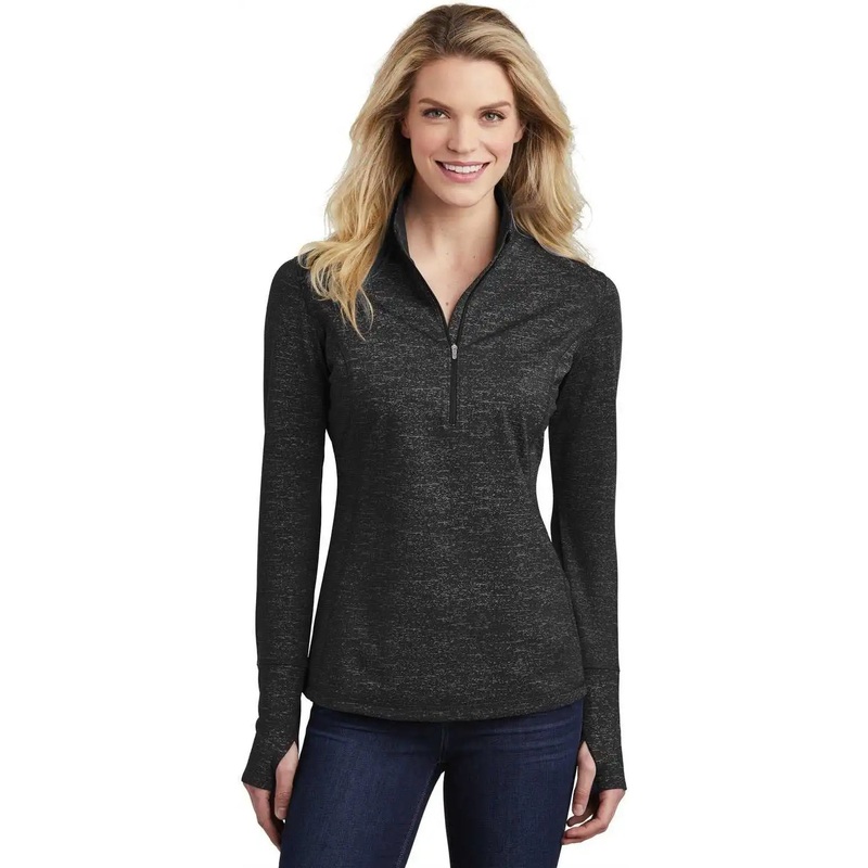 Sport-Tek LST855 Ladies Sport-Wick Stretch Reflective Heather 1/2-Zip Pullover – Black