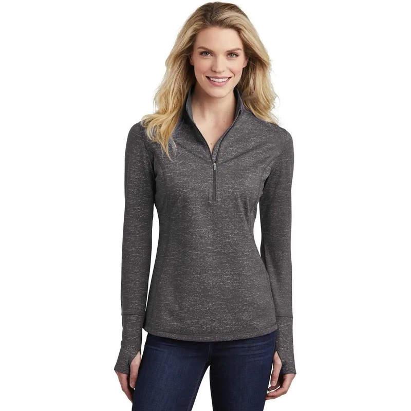 Sport-Tek LST855 Ladies Sport-Wick Stretch Reflective Heather 1/2-Zip Pullover – Charcoal Gray