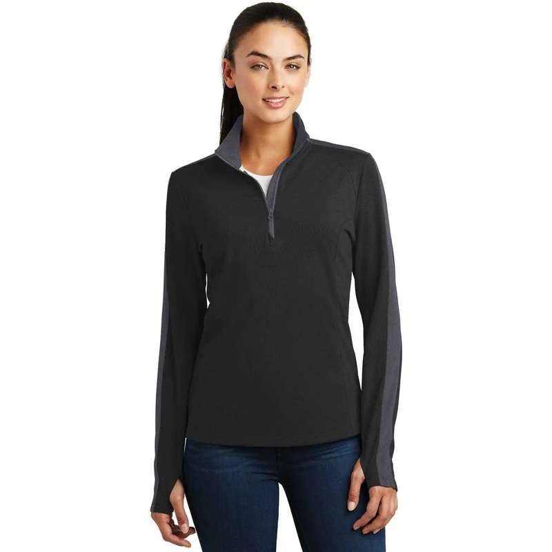 Sport-Tek LST861 Ladies Sport-Wick Textured Colorblock 1/4-Zip Pullover – Black Iron Gray
