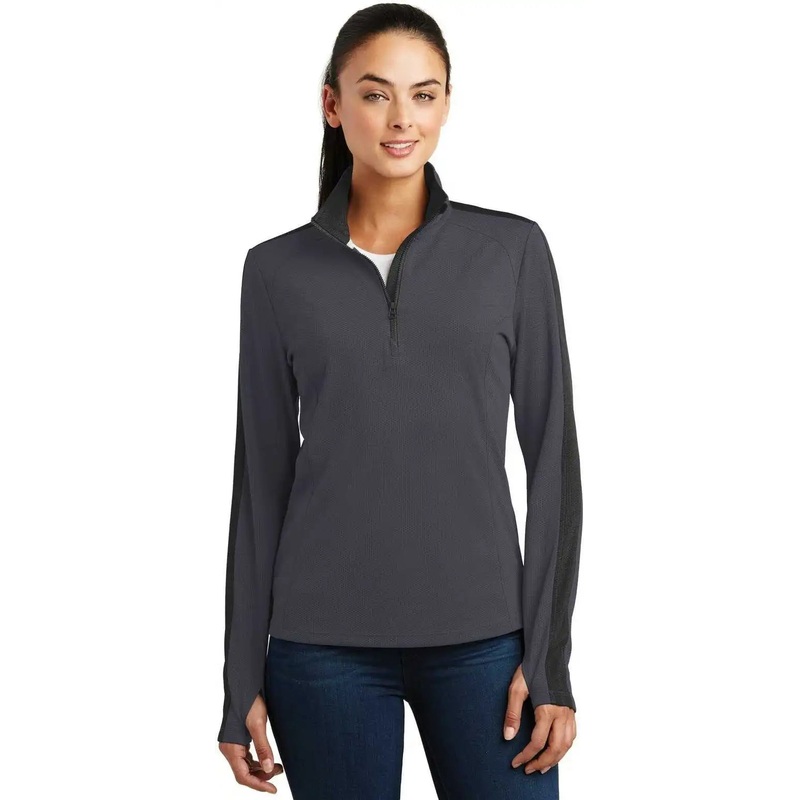 Sport-Tek LST861 Ladies Sport-Wick Textured Colorblock 1/4-Zip Pullover – Iron Gray Black