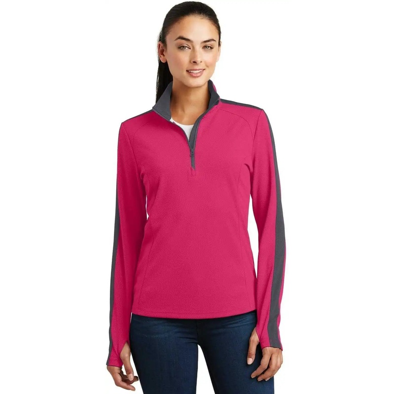 Sport-Tek LST861 Ladies Sport-Wick Textured Colorblock 1/4-Zip Pullover – Pink Raspberry Iron Gray