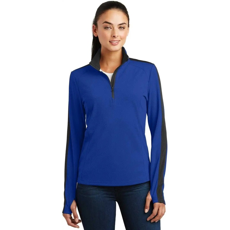 Sport-Tek LST861 Ladies Sport-Wick Textured Colorblock 1/4-Zip Pullover – True Royal Black