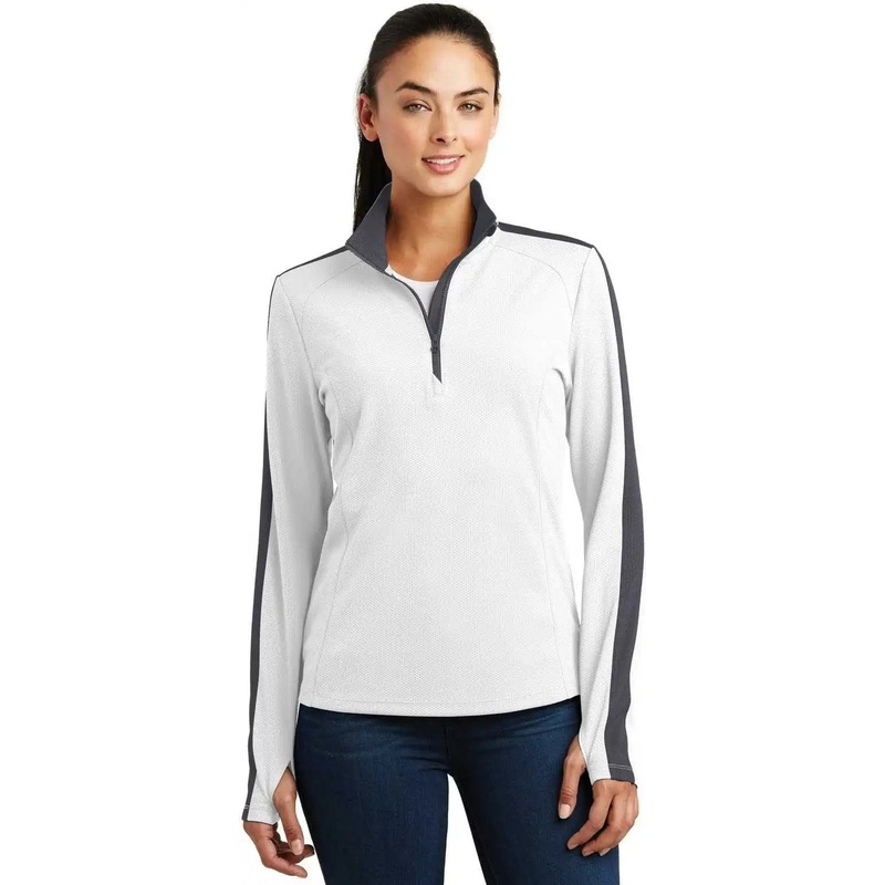 Sport-Tek LST861 Ladies Sport-Wick Textured Colorblock 1/4-Zip Pullover – White Iron Gray