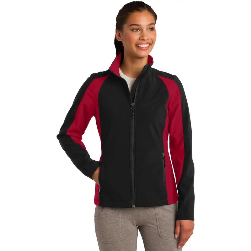 Sport-Tek LST970 Ladies Colorblock Soft Shell Jacket – Black True Red