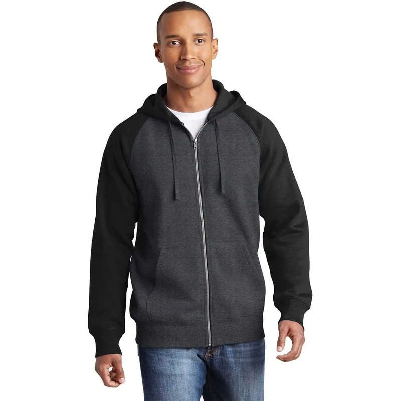 Sport-Tek ST269 Raglan Colorblock Full-Zip Hooded Fleece Jacket – Graphite Heather Black