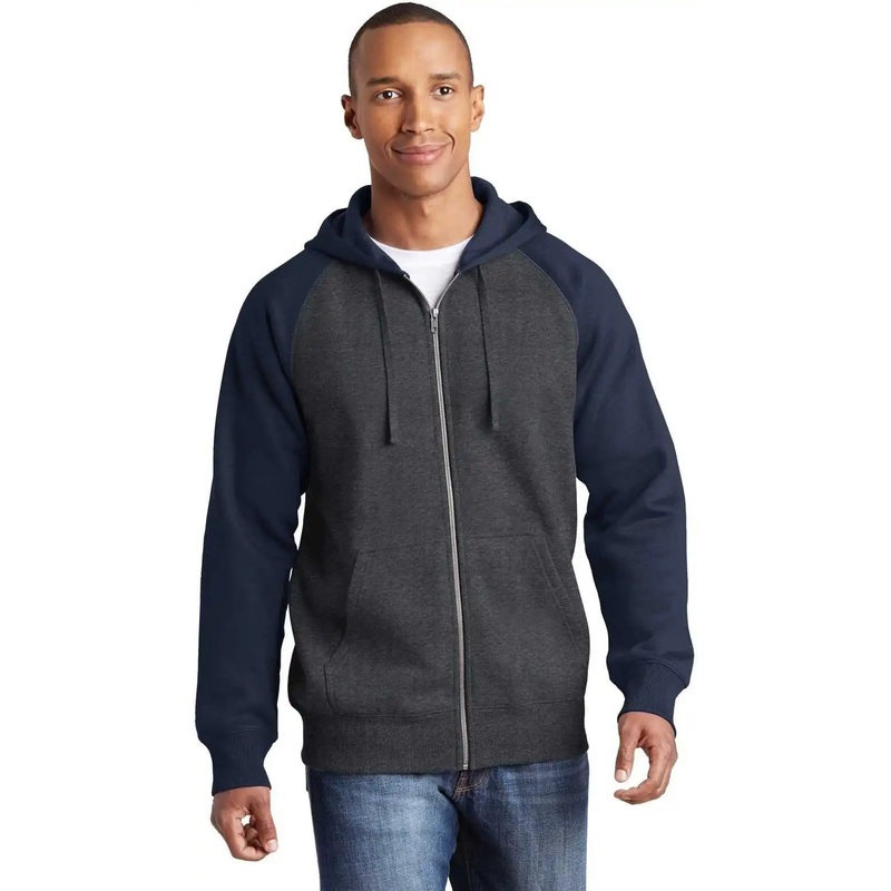 Sport-Tek ST269 Raglan Colorblock Full-Zip Hooded Fleece Jacket – Graphite Heather True Navy