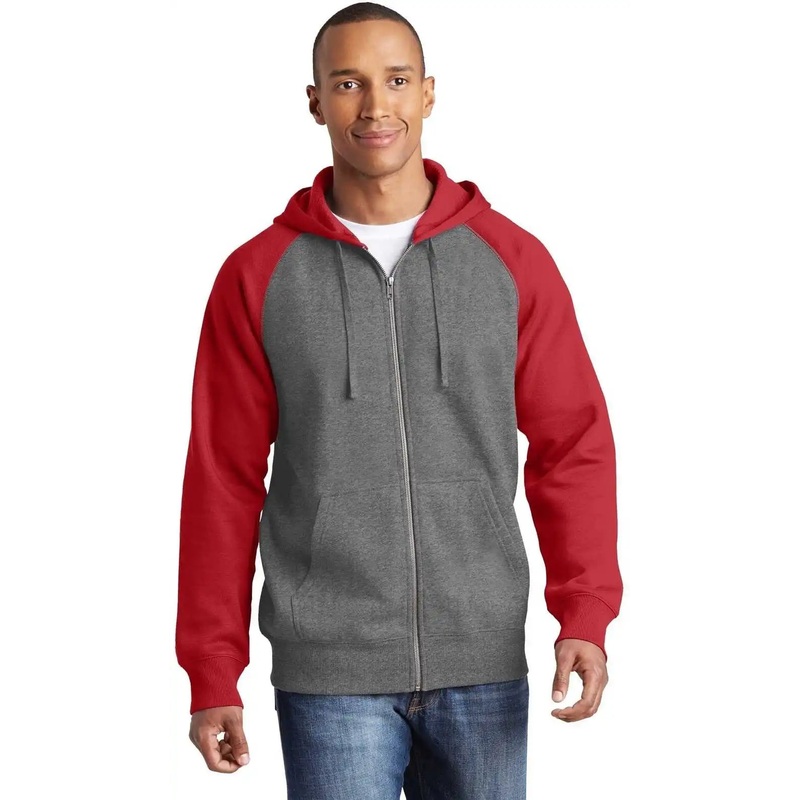 Sport-Tek ST269 Raglan Colorblock Full-Zip Hooded Fleece Jacket – Vintage Heather True Red