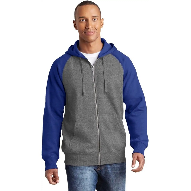 Sport-Tek ST269 Raglan Colorblock Full-Zip Hooded Fleece Jacket – Vintage Heather True Royal