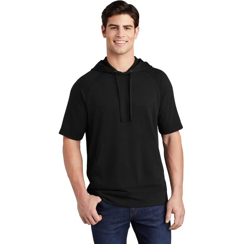 Sport-Tek ST297 PosiCharge Tri-Blend Wicking Fleece Short Sleeve Hooded Pullover – Black Triad Solid