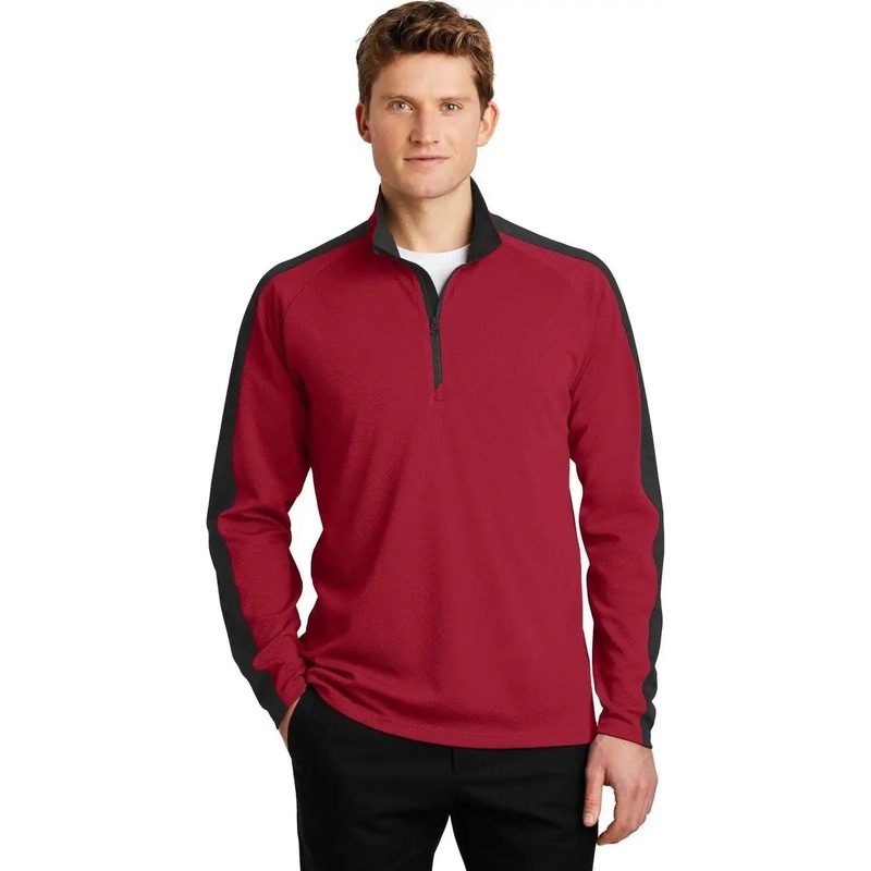 Sport-Tek ST861 Sport-Wick Textured Colorblock 1/4-Zip Pullover – Deep Red Black