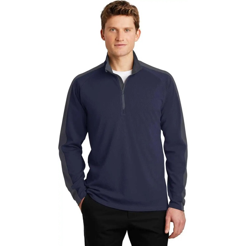 Sport-Tek ST861 Sport-Wick Textured Colorblock 1/4-Zip Pullover – True Navy Iron Gray